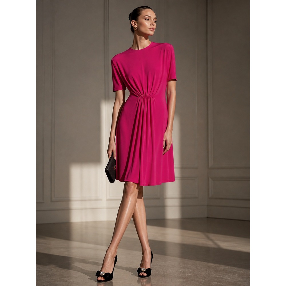 Givenchy Fuchsia‎ Pink Gathered Waist Short Sleeve Midi Dress Crew Neck Magenta
